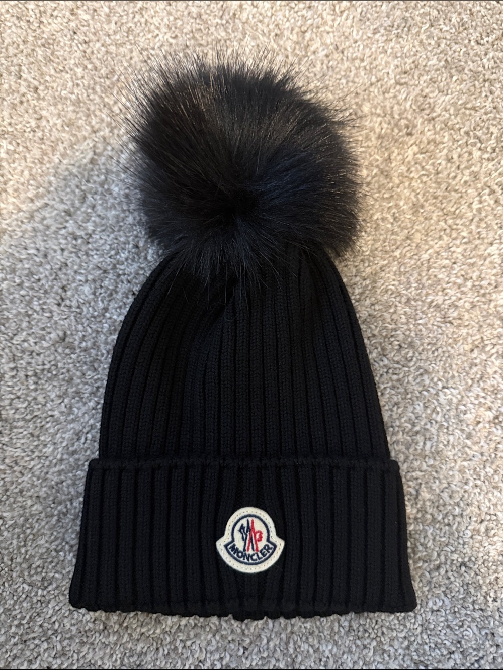Moncler Black Ribbed Knit Beanie with Pom